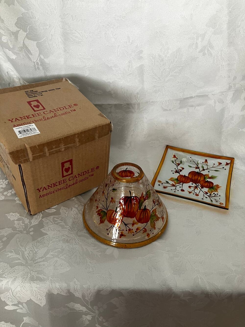 Vintage Yankee Candle Pumpkin Crackle Jar Shade Tray Set NIB Fall Harvest Decor